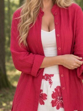CTC linens Shirt Womens XS Heather Pink 100% Linen Classic High Low Button-Up